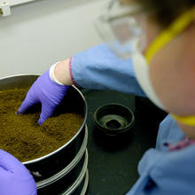 A person wearing a mask and laboratory gloves handles ground plant material inside a metal container.