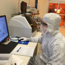 Alex Galli monitors a profilometer using quality control software he implemented and configured during his internship at the CNST.