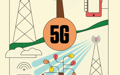 Cell towers broadcast signals through two trees, one of which has green leaves while the other is bare. A cellphone behind the greenery indicates a poorer signal than the phone behind the bare tree. 