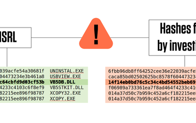 Text strings representing hashes, or tags that mark computer files, appear in green and red boxes. An unexpected hash (in red) can indicate a digital file that may contain illicit content. 