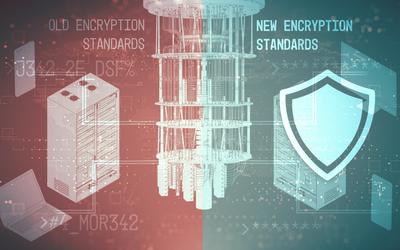 Collage illustration of servers, laptops and phones is divided into left "Old Encryption Standards" and right "New Encryption Standards."