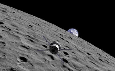 Illustration shows a spacecraft orbiting the Moon with the Earth visible in the background over the lunar horizon.