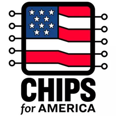 Logo has outline of computer chip with American flag design inside.