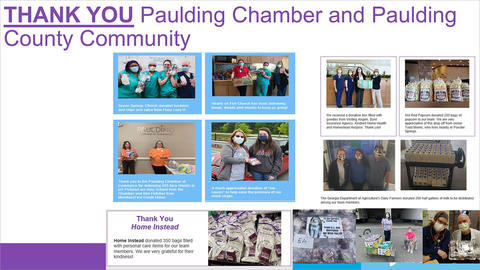 WPH slide thanking Paulding Chamber and Paulding County Community showing photos of employees and people from the community giving donations during COVID to WPH.