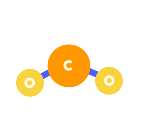 Carbon dioxide molecule shown as one large circle marked "C" connected to two smaller ones marked "O." 