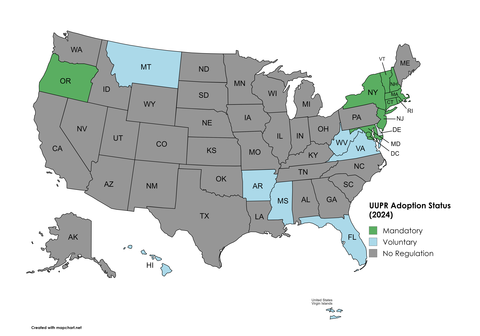 Map of U.S. states and territories indicates adoption status of mandatory or voluntary regulations and states where no regulations are in effect.