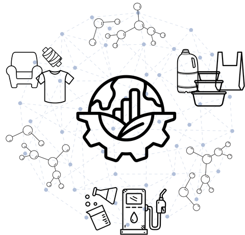 Graphic depicting the complexity of reclaimed and recaptured plastics. Textiles (arm chair, t-shirt, and spool of yarn), plastic containers (jug, rectangular food containers, and bag), and gaoline pump - along with chemical structures surround a globe with the bottom half covered with three buildings and half of a mechanical gear.