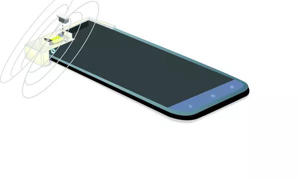 Diagram shows a cellphone with a small plastic device attached that holds a strip of hydrogel close to the magnetometer inside the phone. 