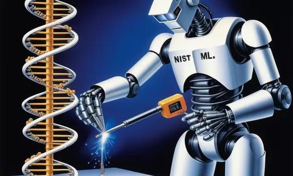 A robot welding a DNA double helix