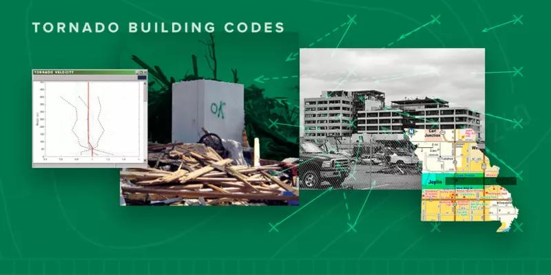 A collage of images related to the investigation of tornadoes and the development of new tornado building codes.
