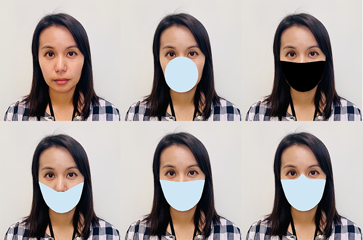 A woman's face appears six times. One time has no mask. The other 5 instances she wears a different digitally applied mask shape. The masks are blue or black and cover some variation of the mouth and nose region.