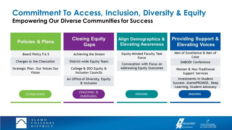 Commitment to Access, Inclusion, Diversity, and Equity - Empowering Our Diverse Communities for Success. Showing categories and status for Policies and Plans (Established), Closing Equity Gaps (Ongoing and Emerging), Align Demographics and Elevating Awareness (Ongoing) and Providing Support and Elevating Voices (Ongoing).