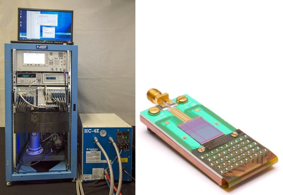 10 V programmable Josephson voltage standard (PJVS) and (right) PJVS cryopackaged chip, which are disseminated by the NIST standard reference instrument (SRI) program.