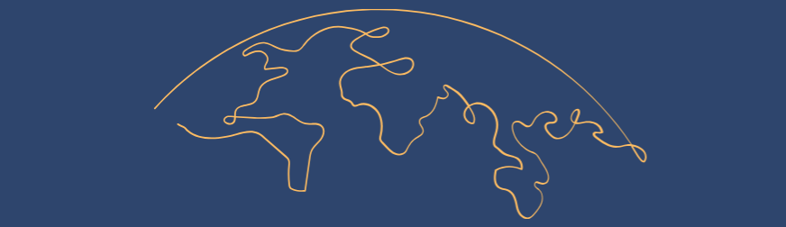 Dark blue background with gold lines depicting a flattened globe