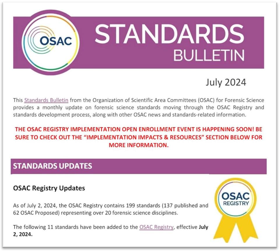 Cover of OSAC's July 2024 Standards Bulletin