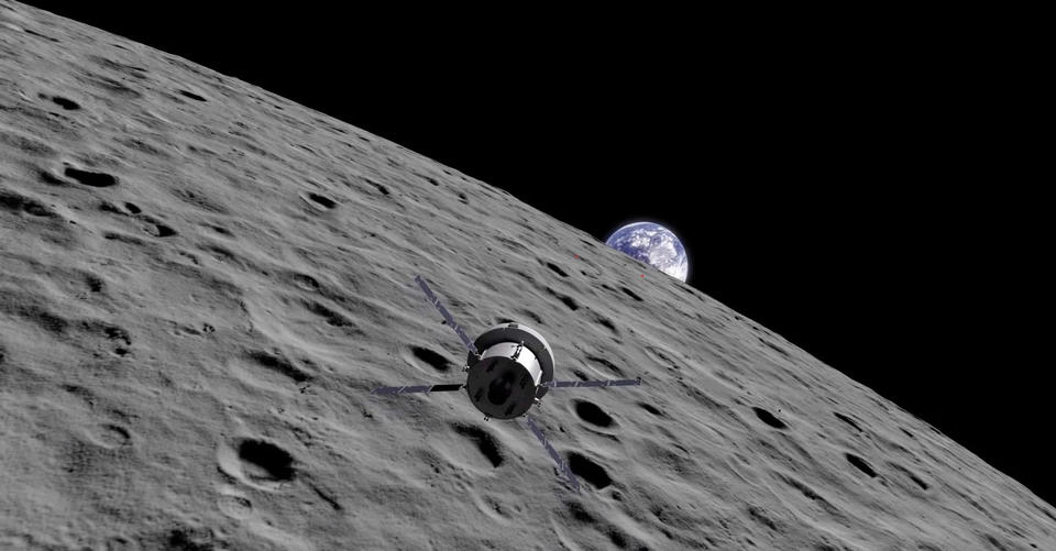 Illustration shows a spacecraft orbiting the Moon with the Earth visible in the background over the lunar horizon.