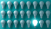 Three rows of dimmed lightbulbs; one lightbulb is illuminated