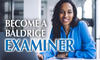 Woman sitting at a table while leaning on her hand and using her laptop to apply to become a Baldrige examiner.