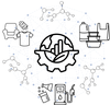 Graphic depicting the complexity of reclaimed and recaptured plastics. Textiles (arm chair, t-shirt, and spool of yarn), plastic containers (jug, rectangular food containers, and bag), and gaoline pump - along with chemical structures surround a globe with the bottom half covered with three buildings and half of a mechanical gear.