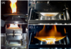 Snapshots of an upholstery mockup displaying characteristic stages of combustion in ASTM E3367: (A) ignition; (B) dripping of liquid pyrolizates; and (C) pool fire formation