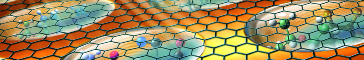 Illustration with orange and yellow background. Gray honeycomb pattern. Circles that look like water drops.